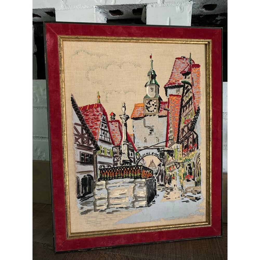 Vintage Crewel Needlepoint Embroidery and Paint Tapestry European Village Art